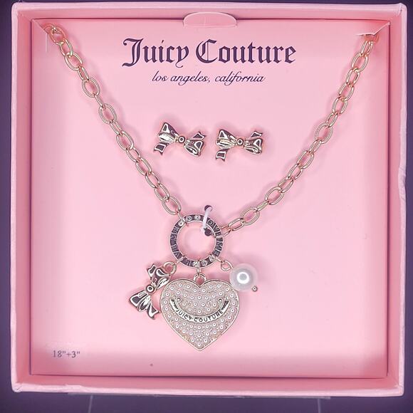 Juicy‎ Couture Coquette Gold Bow Heart Pearl Charms Necklace Earring Set NIB - Picture 1 of 8